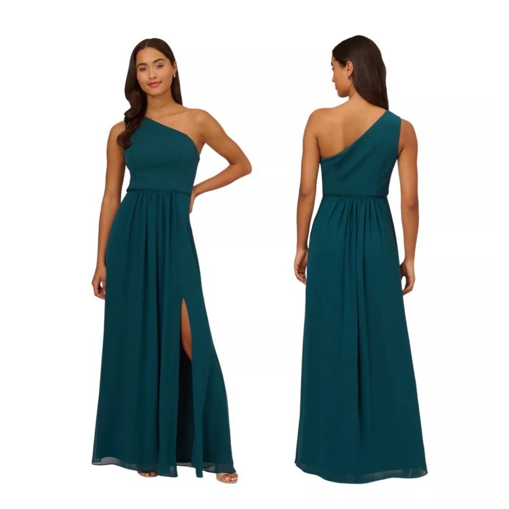 Adrianna Papell One Shoulder Chiffon Long Gown Hunter Size 8 Formal Wedding